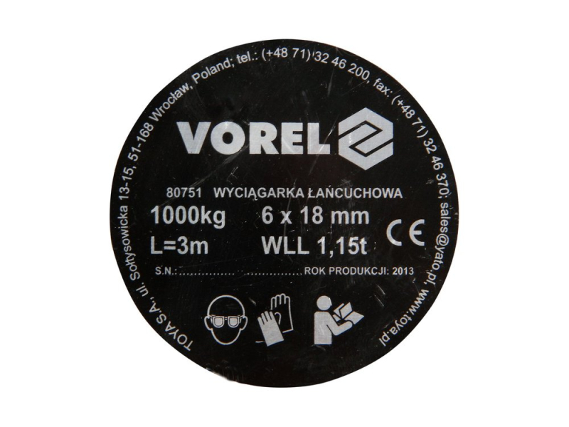 Лебедка цепная VOREL: 1 т, L=3 м (80751)