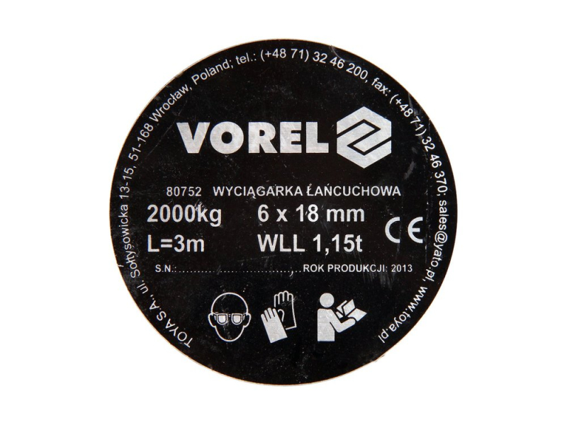 Лебідка ланцюгова VOREL : 2 т, L= 3 м (80752)