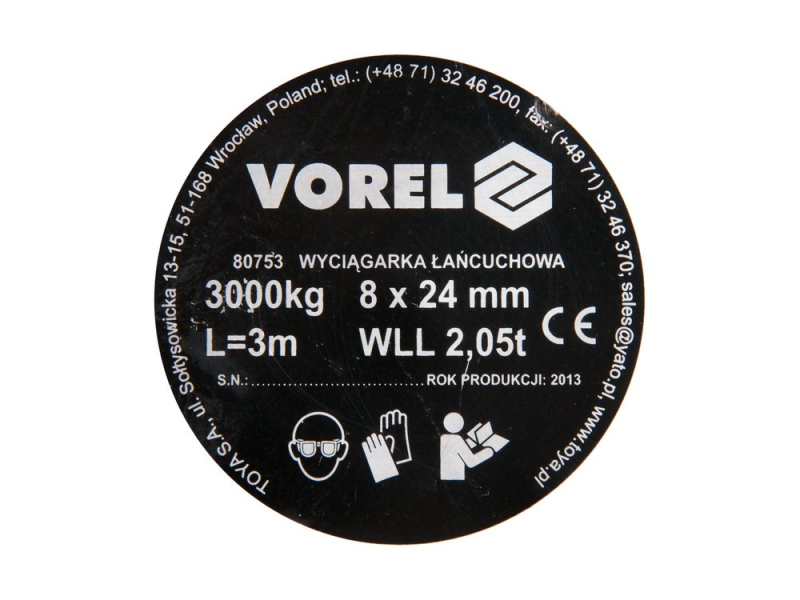 Таль цепная 3 т VOREL 80753, цепь 3 м, подъем 2,5 м