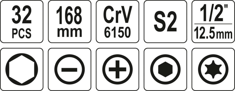 Викрутка реверсивна ударна YATO L= 168 мм, з викрутковими насадками і головками, 32 елем. в футлярі