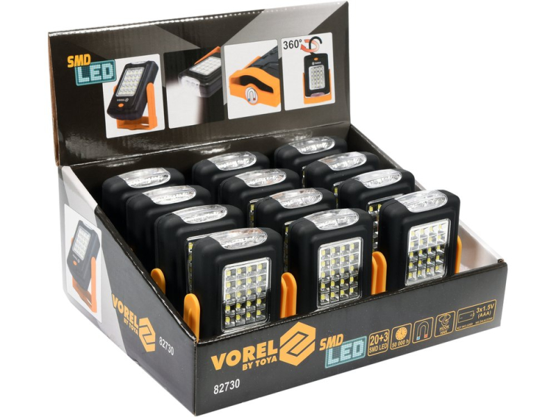 Светильник для мастерской поворотный VOREL 82730, 20+3 LED, 3xAAA