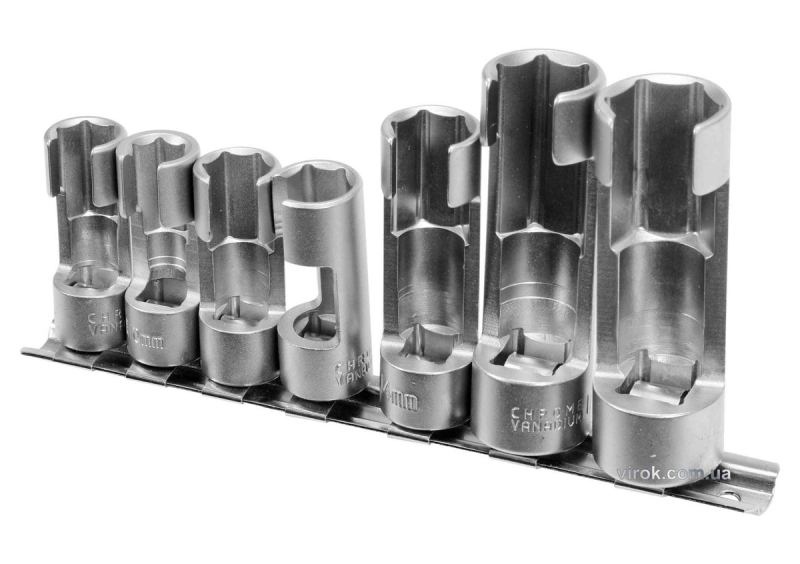 Головки торцеві відкриті для лямбда-зондів, датчиків YATO : 3/8" і 1/2", М10-19, CrV, 7 шт.