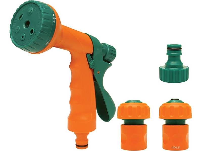 Зрошувач-пістолет 6-режимний FLO з набором з'єднань 1/2", 3/4", ABS-пластик, 4 шт (89207)