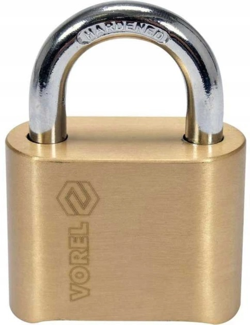 Замок навісний з кодовим замиканням VOREL: латунний корпус- 50х 40 х25 мм, сталева дуга- 23х25х 8 мм