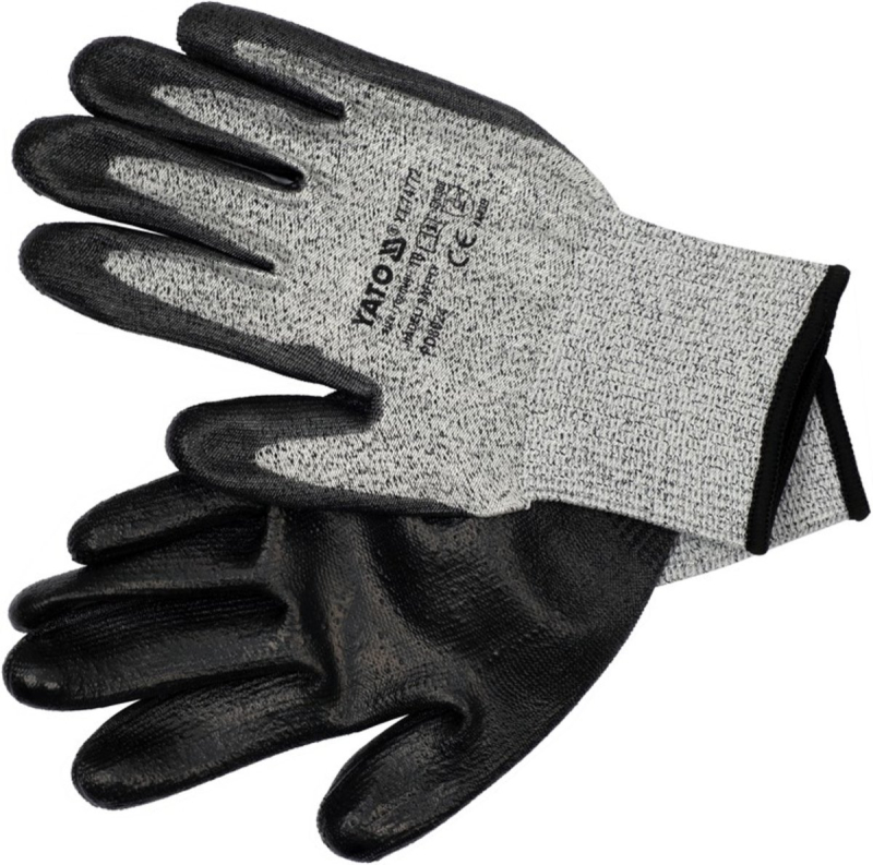Рукавиці робочі захисні від порізів (HPPE) YATO покриті чорним поліуретаном, розмір 10 [12/120]
