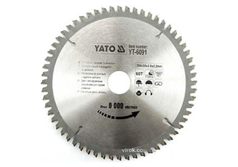 Диск пиляльний по алюмінію YATO, 200х30х3.0х2.2 мм, 60 зубців, R.P.M до 8000 1/хв