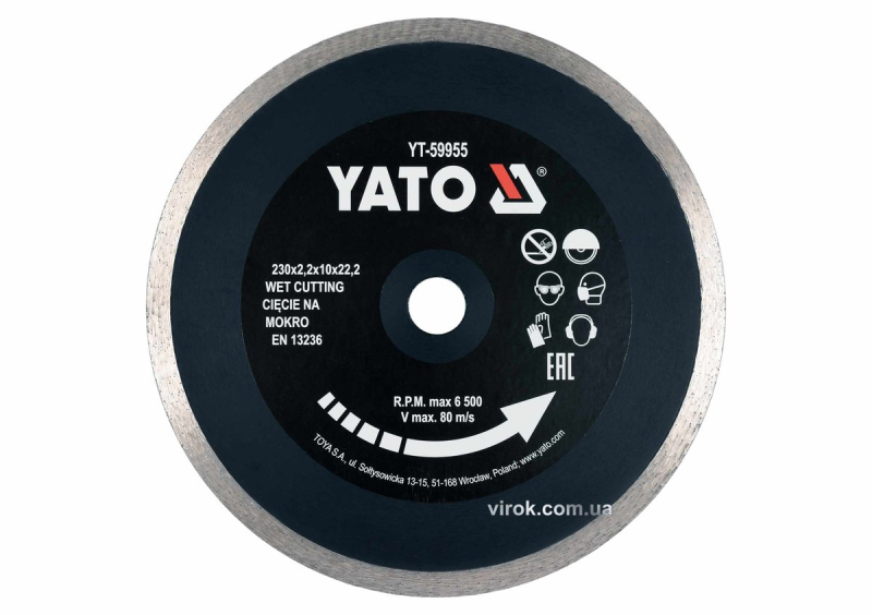 Диск відрізний алмазний по гресу, склу, кераміці YATO Ø=230х2.2х10х22.2 мм,в мокрому режимі [25]