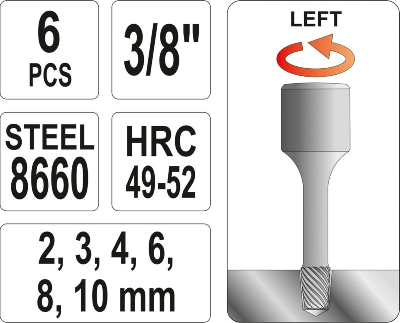 Набір екстракторів YATO : квадрат 3/8". Ø= 2-10 мм, для гвинтів 8660 HRC 49-52. 6 Од.