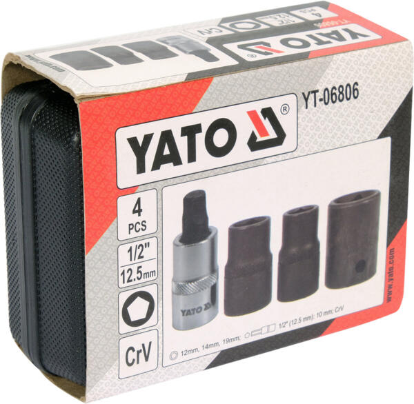 Головки 5-гранные для тормозных суппортов авто YATO: квадр-1/2", 12.5, 14, 19 мм бита-1мм, 4 шт. (YT-06806)