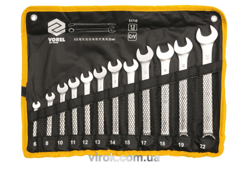 Ключі ріжково - накидні VOREL Cr-V на плахті, М 6-22 мм, Набір 12 шт. [20]