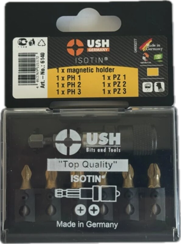 Набір насадок викруткових Isotin USH: 1/4", PH1, PH2, PH3, PZ1, PZ2, PZ3; магнітний тримач, 7 ел. (U0006140)