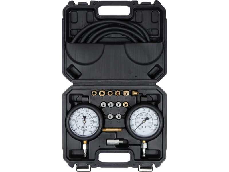 Тестери тиску оливи в двигунах і коробках передач YATO з адаптерами в діапаз 0- 27,5/ 0- 7 Bar, 17ел