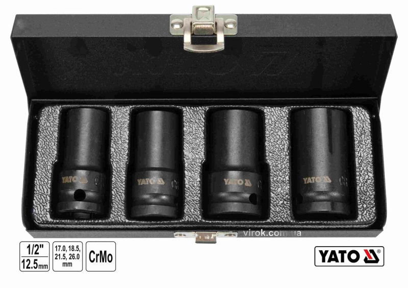 Торцеві головки ударні для зриву гвинтів YATO: квадрат-1/2", L=55мм; М17, 18.5, 21.5, 26 мм, 4шт