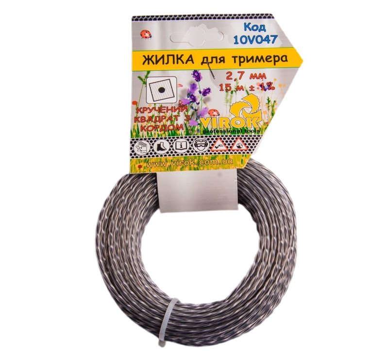 Жилка для тримера "Кручений КВАДРАТ з кордом" TM VIROK : Ø= 2.7 мм, l= 15 м