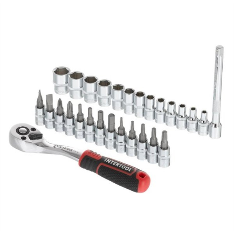 Набор головок 1/4" 4-14 мм., TORX, PH, HEX, FD, удлинитель, рукоятка с храповым механизмом 72 зуба, 28ед., Cr-V STORM ET-8018