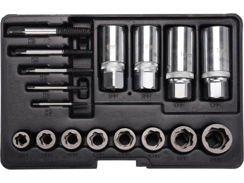 Набір екстракторів YATO : квадрат-1/2" 3/8", CrV і CrMo, для видалення зломаних гвинтів. 17 Од. (YT-06033)