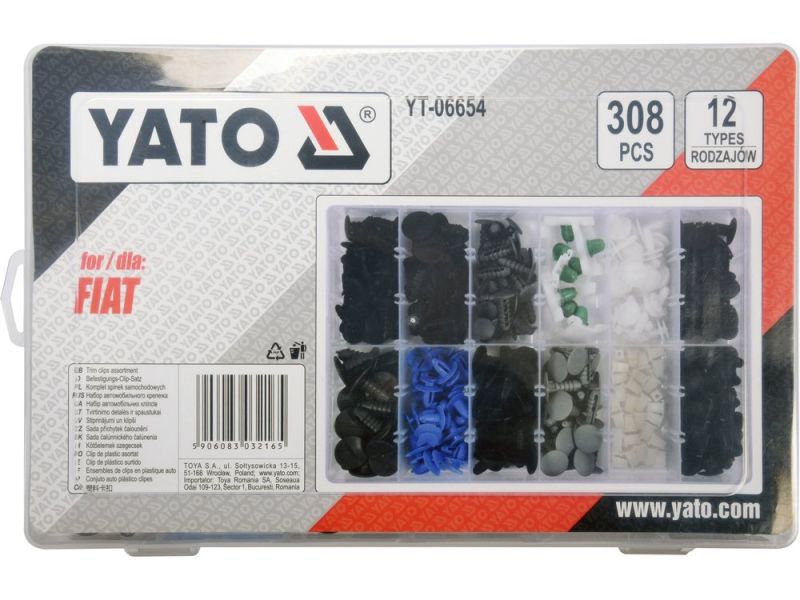 Шпинки для автосалоной обшивки FIAT YATO, разные, 12 типоразмеров, 308 шт. (YT-06654)