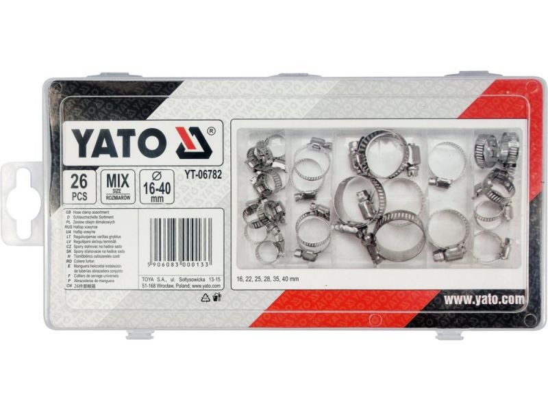 Хомуты винтовые, металлические YATO Ø= 16-40 мм, наб. 26 шт. (YT-06782)