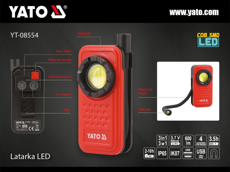 Ліхтар ручний робочий складаний YATO YT-08554, 600 лм, IP65, акумулятор