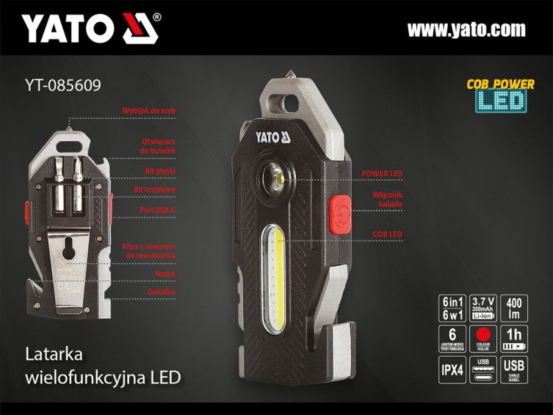 Ліхтар ручний багатофункціональний 6 в 1 YATO YT-085609, 400 лм, ABS
