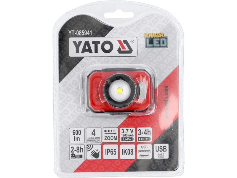 Ліхтар налобний акумуляторний YATO YT-085941, 600 лм, зум, IP65