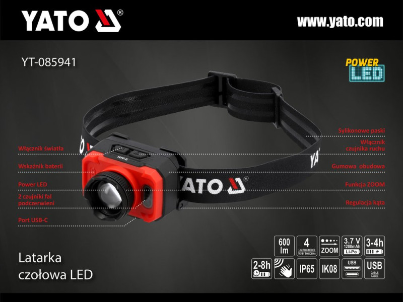 Ліхтар налобний акумуляторний YATO YT-085941, 600 лм, зум, IP65