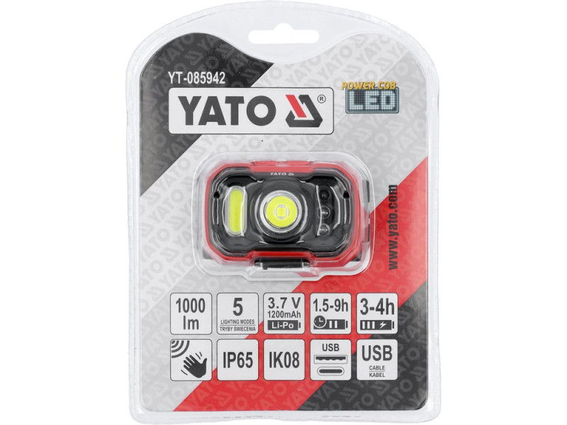 Ліхтар налобний акумуляторний YATO YT-085942, 1000 лм, IP65, датчик руху