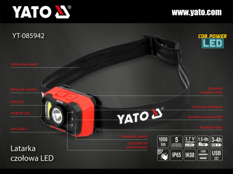 Ліхтар налобний акумуляторний YATO YT-085942, 1000 лм, IP65, датчик руху