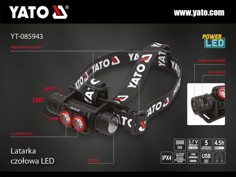 Ліхтар налобний акумуляторний YATO YT-085943, 3000 лм, 15 Вт, 2600 мА·год