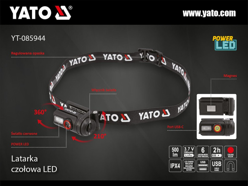 Фонарь на лоб диодный YATO; живл. Li-Po аккумул 3,7В, 0,35 АГод, 6 режимов, расстояние 85/50/30/20 м (YT-085944)