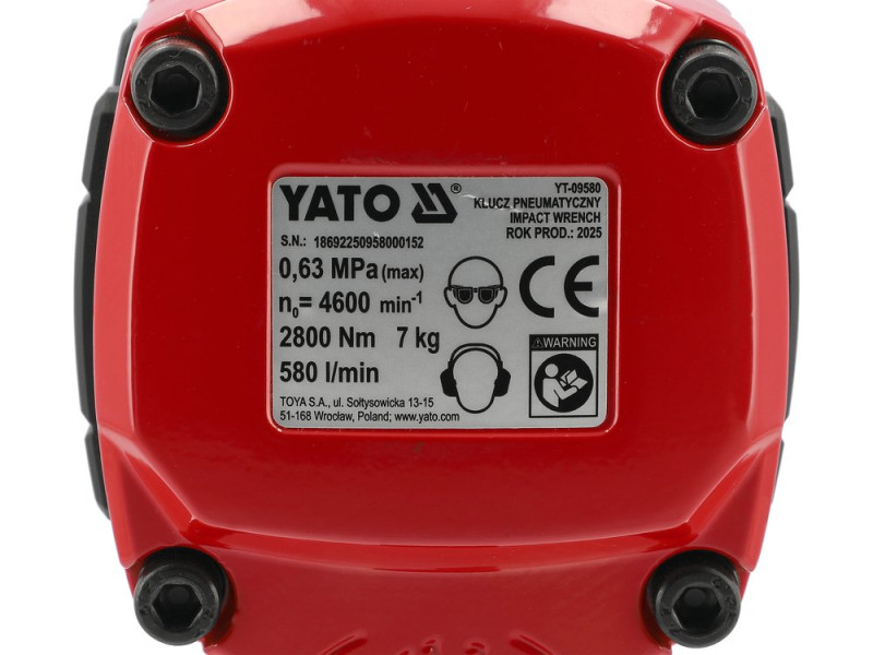 Гайковерт ударний пневматичний YATO: квадрат 3/4, F= 2800 Nm тиск 0.63 MPa, спожив.повітря 580 л/хв (YT-09580)