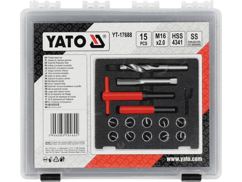 Набор для ремонта резьбы M16х2,0 YATO YT-17688, 15 шт, HSS