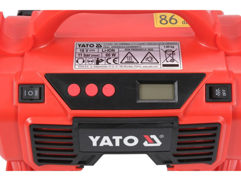 Компресор акумуляторний,YATO Li-Ion 18В,3.0AxГ,60Вт,тиск ≤ 11Bar,под повітря-21л/хв(БЕЗ АКУМУЛЯТОРА) (YT-23248)