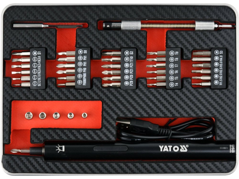 Отвертка аккумулов. с набором бит YATO : Li-Ion 3.6В 450 мАч, LED-подсветка, HEX-1/4, CrV, 39шт+кейс (YT-27930)