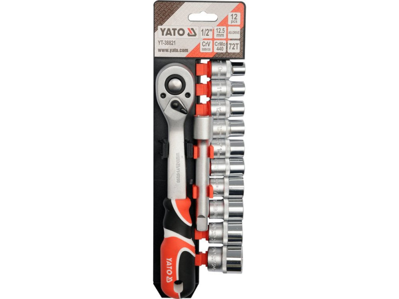 Набор головок торцевых 1/2" YATO YT-38821, трещотка 72 зуба, 12 предметов