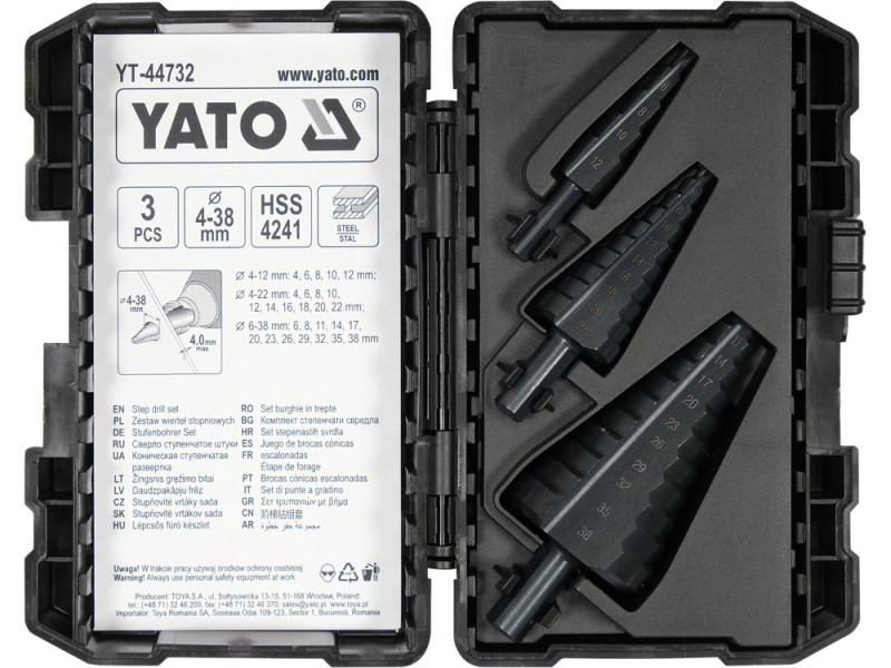 Набір свердел ступінчастих 3 шт YATO YT-44732, 4-12/4-22/6-38 мм, HSS