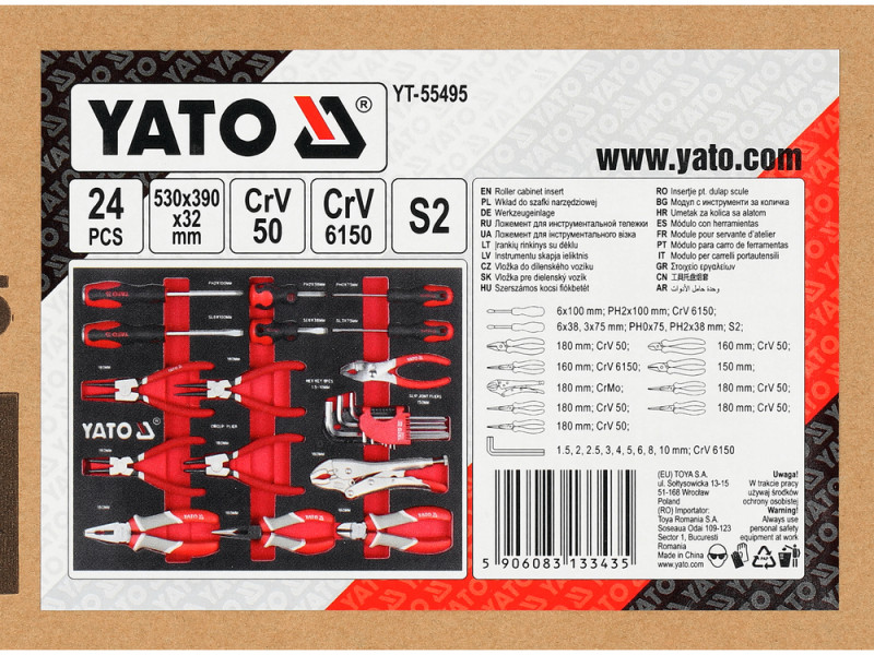 Вклад до інструментальної шафи YATO: плоскогубці, щипці, затискачі, викрутки, 530х 390х 32 мм, 24 ел