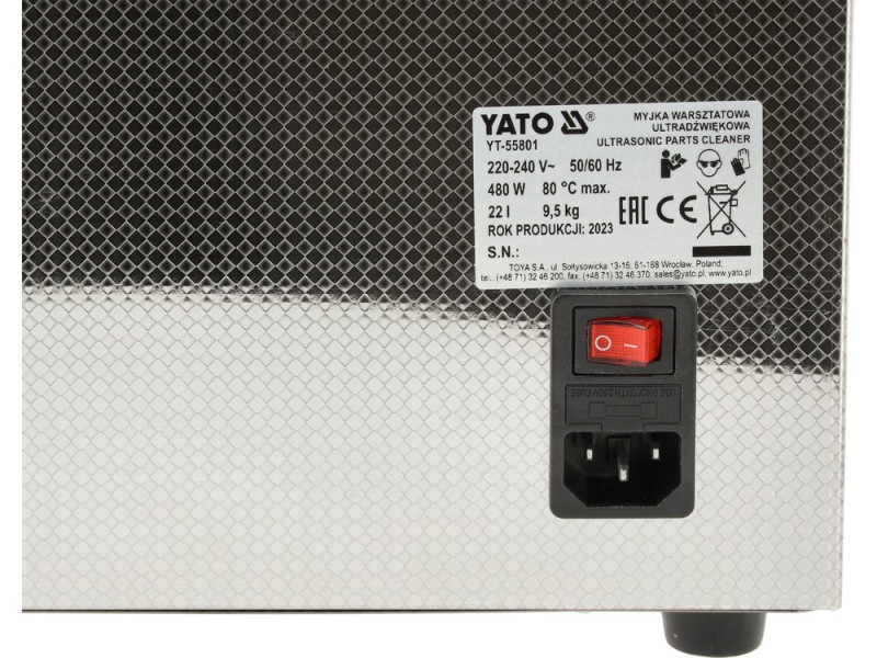Мойка для мастерской ультразвуковая YATO сетей 230В, 480Вт ванна 50х 33х 29 см 22 л, раб. темп-0-80ºС (YT-55801)