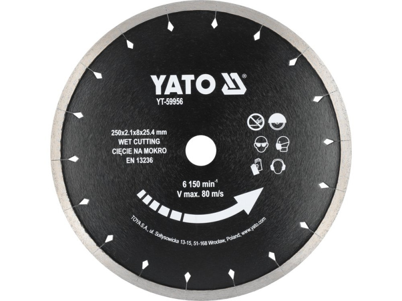 Диск алмазный отрезной по керамике 250×25,4 мм YATO YT-59956, мокрый рез