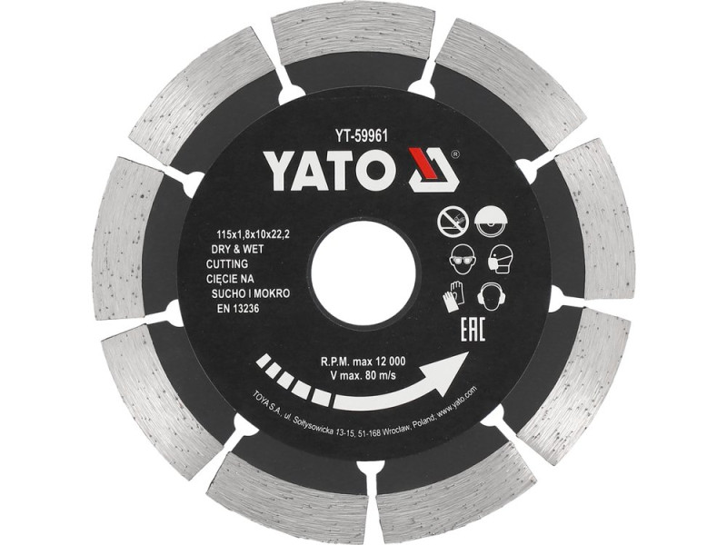 Диск алмазний відрізний сегментний 115×22,2 мм YATO YT-59961, бетон, цегла