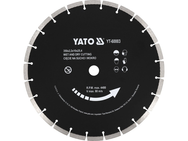 Диск алмазний відрізний 350×25,4 мм YATO YT-60003, бетон, товщина 3,4 мм