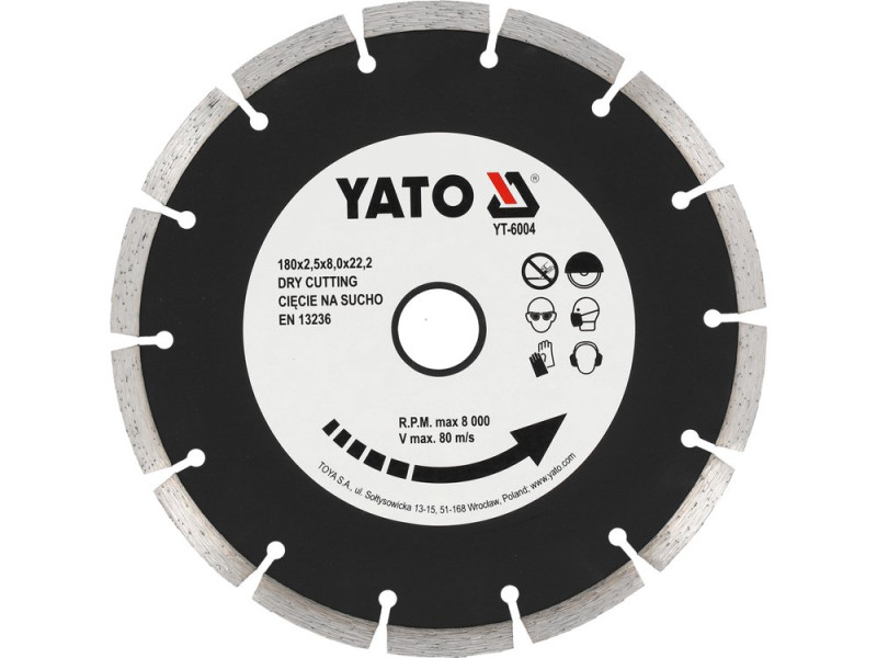 Диск алмазный отрезной сегментный 180×22,2 мм YATO YT-6004, сухой рез