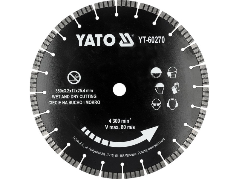 Диск алмазний відрізний по залізобетону 350×25,4 мм YATO YT-60270