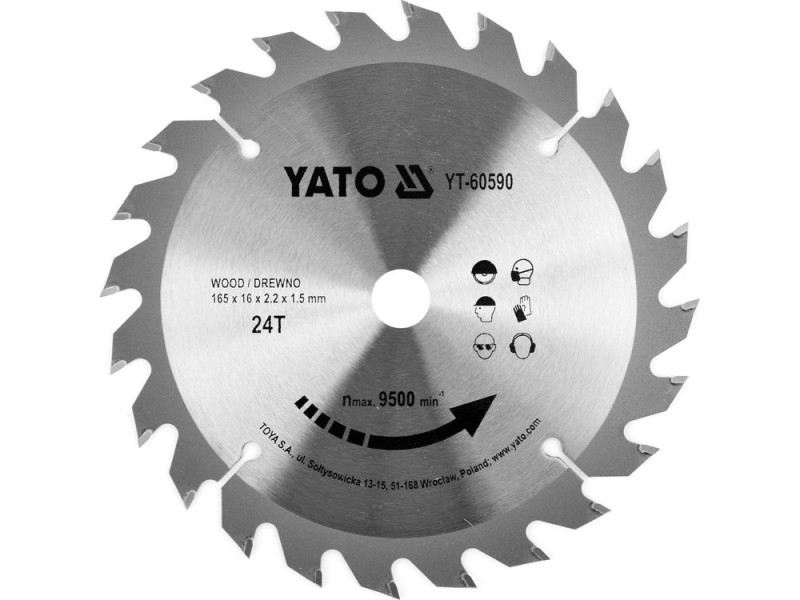 Диск пиляльний по дереву YATO YT-60590, 165×24T×16 мм, твердосплавний