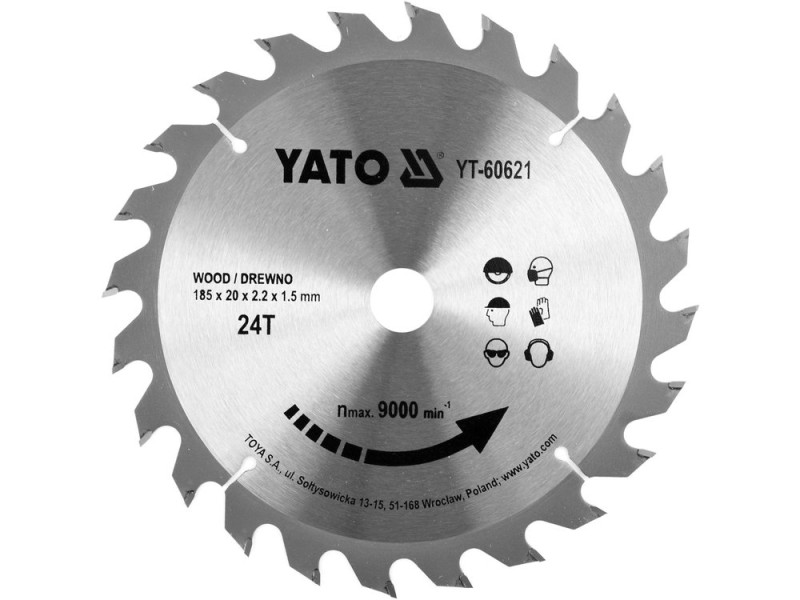 Диск пиляльний по дереву YATO YT-60621, 185×24T×20 мм, твердосплавний