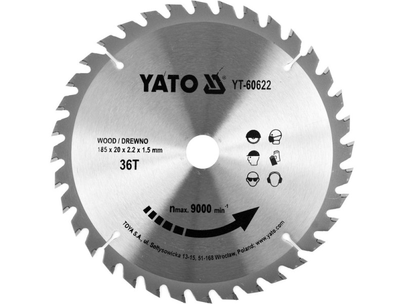 Диск пиляльний по дереву YATO YT-60622, 185×36T×20 мм, твердосплавний