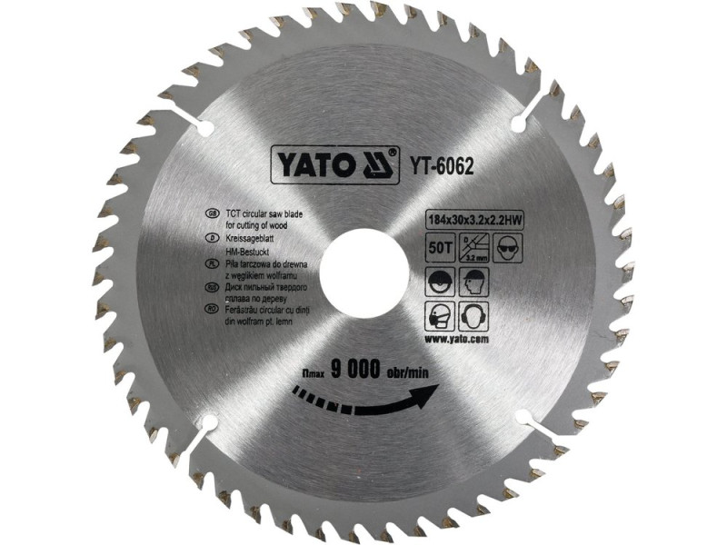 Диск пиляльний по дереву твердосплавний YATO YT-6062, 184×50T×30 мм