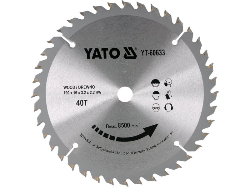 Диск пиляльний по дереву YATO YT-60633, 190×40T×16 мм, твердосплавний