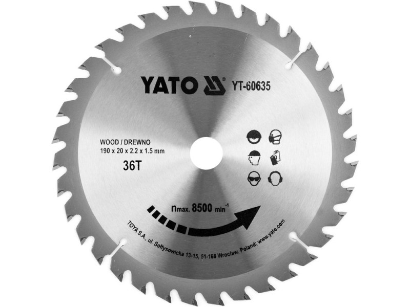 Диск пиляльний по дереву 190×36T×20 мм YATO YT-60635