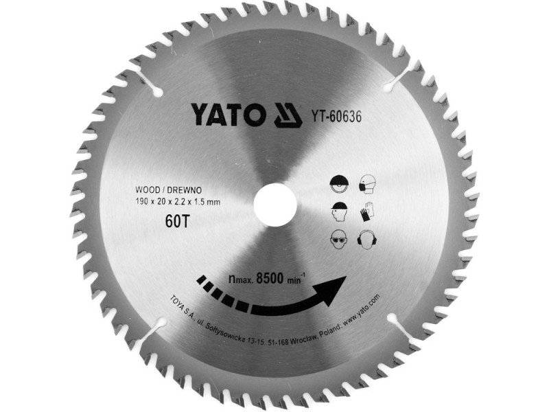 Диск пиляльний по дереву YATO YT-60636, 190×60T×20 мм, твердосплавний